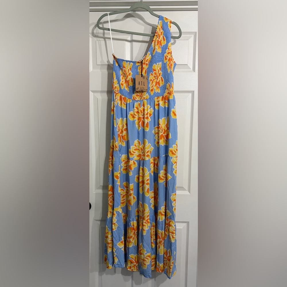 Able The Label Anthropologie One Shoulder Blue Flower Maxi Dress Size XL NWT - Picture 8 of 9